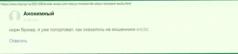 Веб-портал Otzyvys Ru делится отзывом трейдера о дилинговом центре EXCBC Сom