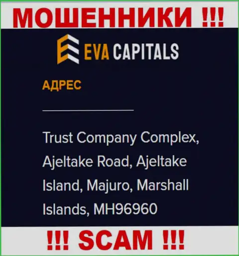 На веб-ресурсе EvaCapitals предоставлен оффшорный адрес регистрации конторы - Trust Company Complex, Ajeltake Road, Ajeltake Island, Majuro, Marshall Islands, MH96960, будьте бдительны - это мошенники