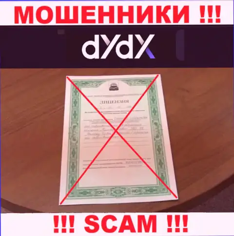 У организации dYdX не показаны сведения о их лицензионном документе - это коварные интернет лохотронщики !!!