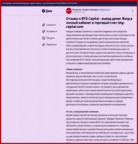 Статья о дилинговой организации BTG Capital, опубликованная на веб-сайте дзен яндекс ру