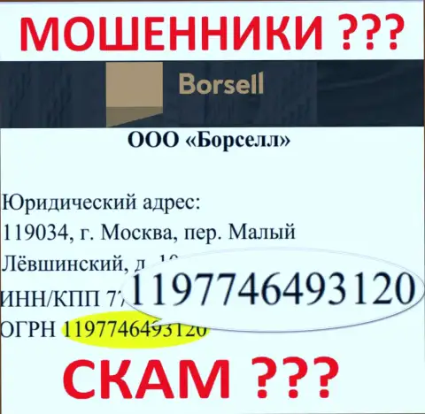 Регистрационный номер незаконно действующей организации Borsell Ru - 1197746493120