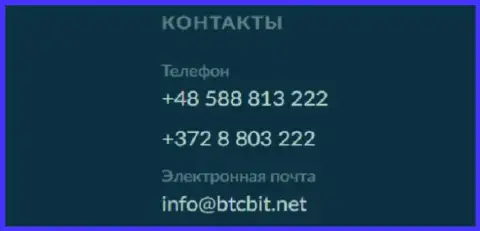 Телефоны и почта криптовалютного онлайн обменника BTCBit Sp. z.o.o.