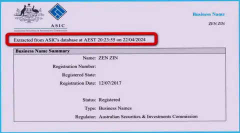 Документ, который доказывает присутствие регистрации у биржевой площадки Zinnera Com