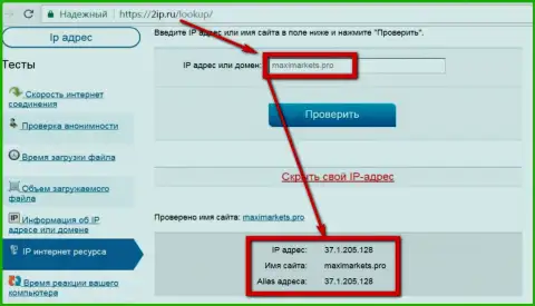 Сравнение aй-пи-адреса web-сервера с доменом сайта maximarkets.pro