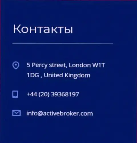 Адрес главного офиса ФОРЕКС компании Актив Брокер, опубликованный на официальном веб-ресурсе этого форекс дилера
