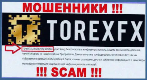 Юридическое лицо, которое управляет интернет-мошенниками TorexFX Com - это TorexFX 42 Marketing Limited